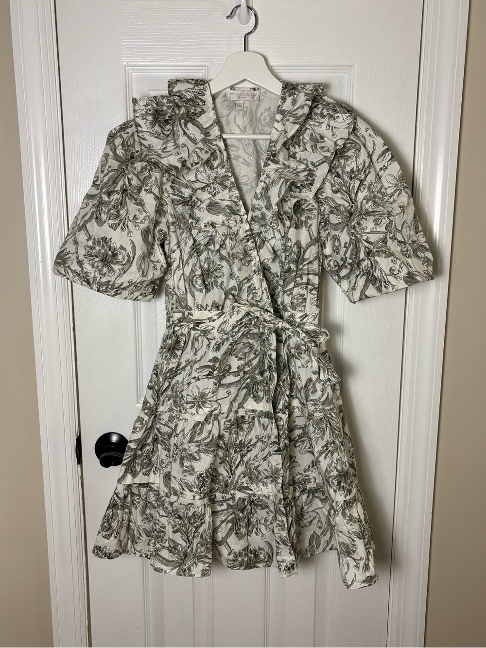 Caroline Constas Green and White Floral Ruffle Wrap Dress Size Extra Small